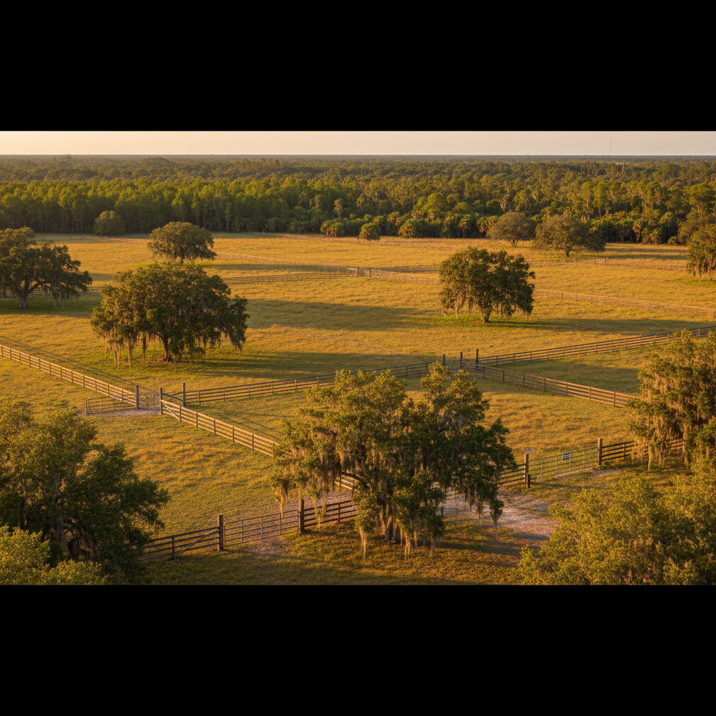 A panoramic, photographic realism view of a large Florida ranch property taken from a slightly elevated perspective, showcasing mosaic habitats: open pasture, clusters of live oaks, and a distant tree line bordering a wetland. In the mid-ground, a sturdy, well-maintained perimeter fence with metal gates and posted wildlife management signage indicates organized nuisance animal control. Late afternoon golden hour light warms the grasses and tree canopies, casting long, soft shadows that emphasize the scale of the property. The mood is controlled and secure rather than wild, with a balanced, rule-of-thirds composition that suggests strategic oversight and professional rural land stewardship.