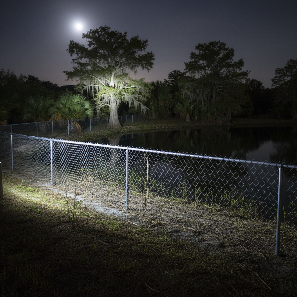 A nocturnal photographic realism scene of a Florida pond edge on a large rural property, illuminated by the cool white glow of a motion-activated floodlight mounted on a distant outbuilding. In the foreground, a well-anchored, heavy-duty metal exclusion fence runs along the water’s edge, its mesh pattern catching the light and casting intricate shadows on the damp soil. Moonlight reflects faintly on the pond surface and silhouettes cypress trees and palmettos in the background. Shot from a slightly low angle with moderate depth of field, the composition feels vigilant and secure, emphasizing constant, professional protection of the property’s water features from nuisance wildlife.