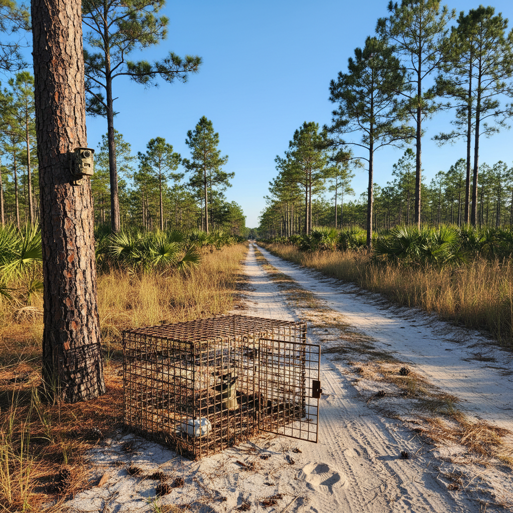 A rugged trail camera and weathered metal live trap positioned along a sandy two-track road winding through a Florida pine flatwoods landscape. Longleaf pines, wiregrass, and saw palmettos extend into the distance under a clear blue sky. Photographic realism captures late afternoon light casting warm, directional highlights on the metallic surfaces, with fine details of sand, pine needles, and animal tracks visible in the foreground. Composed from a slightly elevated angle with sharp focus throughout, the equipment sits prominently in the lower third, conveying professional, methodical wildlife management in a remote, expansive rural setting, with a serious yet controlled mood.