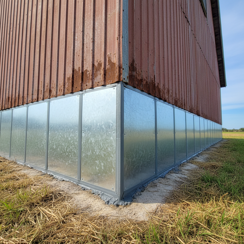 A sturdy, galvanized steel animal exclusion barrier tightly fitted around the base of a large, weathered barn on a Florida rural property. The corrugated metal siding of the barn shows subtle rust and texture, while the ground is a mix of compacted sandy soil, scattered straw, and a few sprigs of hardy grass. Photographic realism with crisp midday light reveals every screw, seam, and joint of the barrier system, highlighting precision installation. The camera is positioned low and close, emphasizing the clean line where structure meets ground, with the barn stretching into soft focus. The mood is practical, controlled, and highly professional, communicating effective nuisance wildlife prevention.
