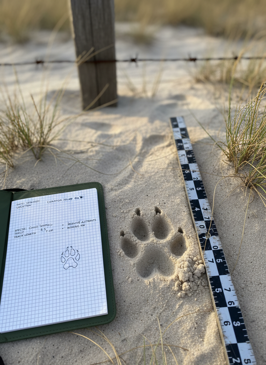 A detailed, photographic realism close-up of a freshly examined animal track in fine, pale Florida sand along a rural property boundary. The track is sharply defined beside a rugged measuring scale and a waterproof field notebook resting partially open, revealing neat, printed notes and simple diagrams without any handwriting. Sparse wiregrass tufts and a barbed-wire fence line fade into soft background blur. Warm, angled morning sunlight skims across the sand, creating gentle relief shadows that enhance the clarity of the track. Captured from directly above with a tight composition, the scene conveys analytical precision, scientific assessment, and meticulous, professional wildlife management practices.