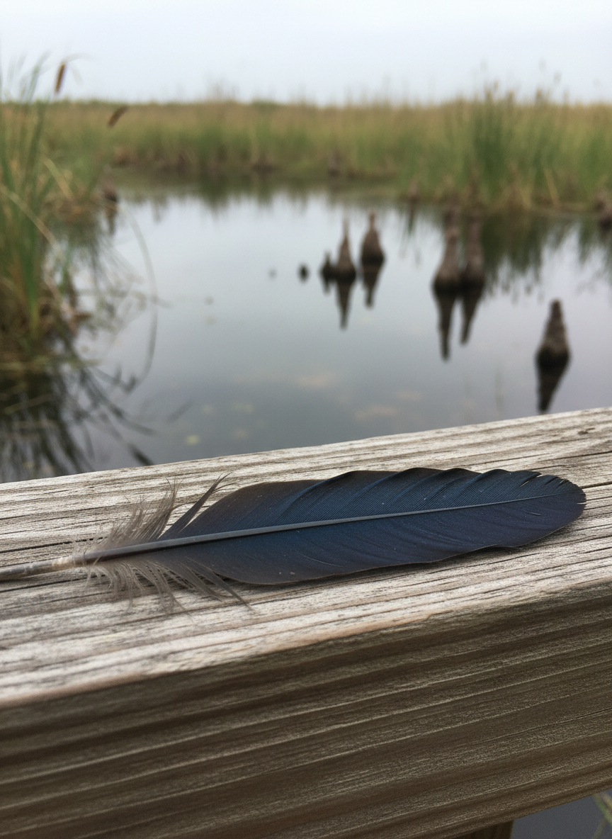 A close-up, photographic realism shot of a glossy black raven feather resting on a rough-sawn wooden railing overlooking a Florida wetland. The feather’s iridescent blue-black sheen catches soft overcast light, revealing intricate barbs and a smooth central quill. Beyond the railing, blurred cattails, cypress knees, and still reflective water create a subtle bokeh background, suggesting quiet, untouched habitat. Captured at a shallow depth of field from a low, side-on angle, the composition feels precise and intentional, evoking a sense of watchful intelligence and professional guardianship over the landscape, perfectly aligning with the ‘Iron Raven’ identity.