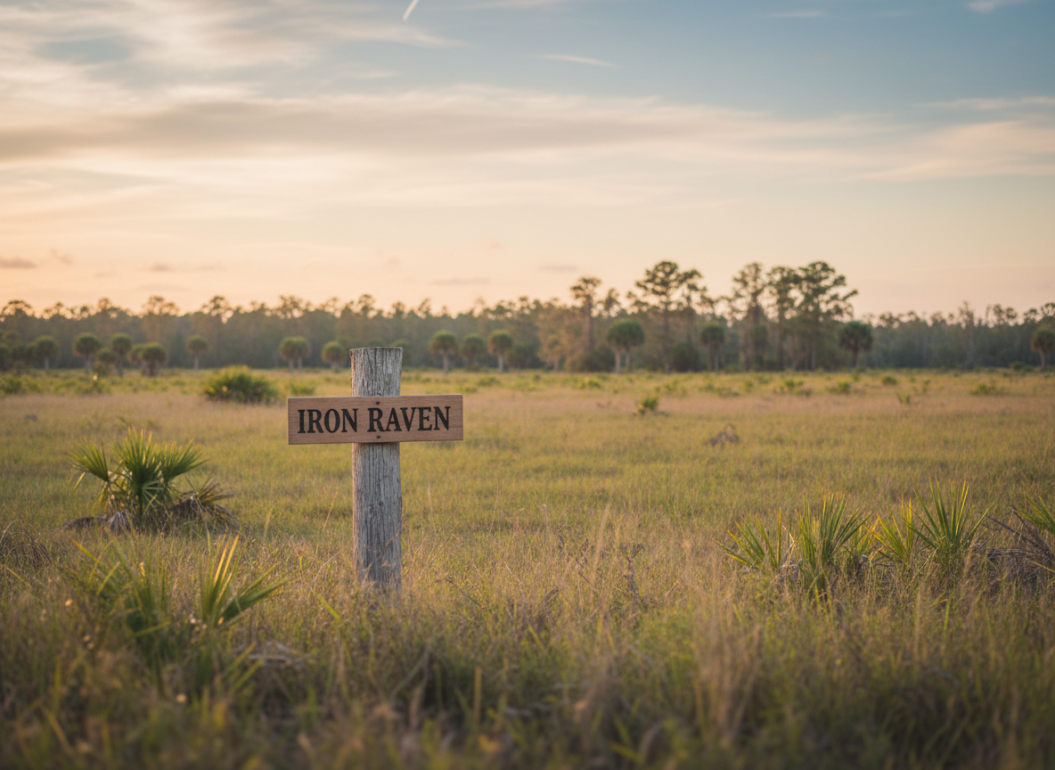 Wide, slightly blurred rural Florida field at golden hour with a single weathered wooden fence post holding a simple wooden sign that reads “IRON RAVEN”. No colored blocks or overlays on the image itself — just natural muted greens and browns. Lots of open space for overlaid text, landscape orientation, composed as a full-width website hero image that should touch both sides of the screen.
