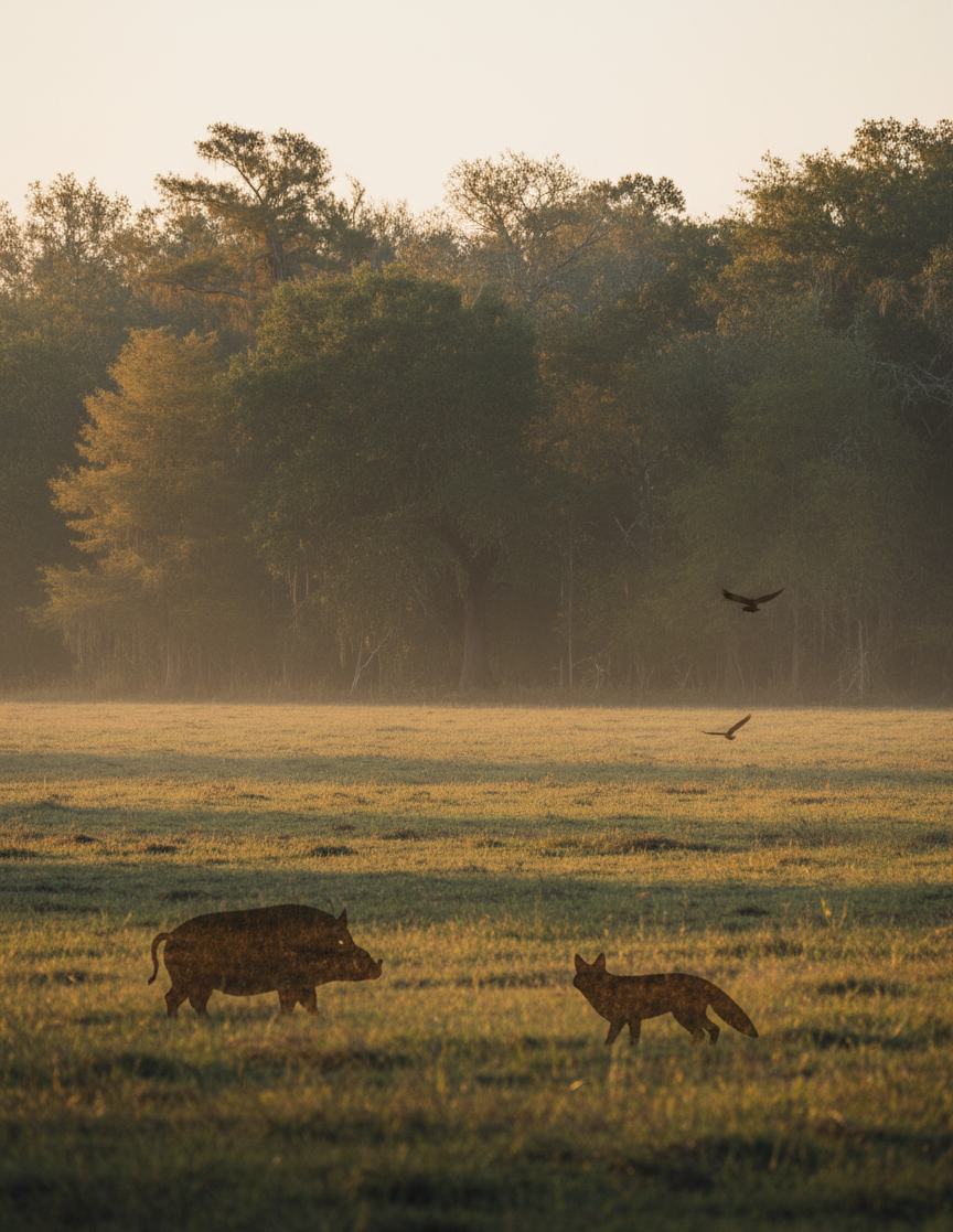 Dark, earthy-toned image for a Florida wildlife management FAQ page: rural pasture and treeline at golden hour, muted greens and browns, no bright white areas, subtle atmospheric haze, hinting at hog and coyote control while respecting wildlife. Must match a dark, earthy site color scheme.