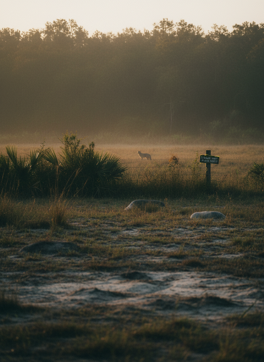 Dark, earthy-toned image for a Florida wildlife management FAQ page: rural pasture and treeline at golden hour, muted greens and browns, no bright white areas, subtle atmospheric haze, hinting at hog and coyote control while respecting wildlife. Must match a dark, earthy site color scheme.